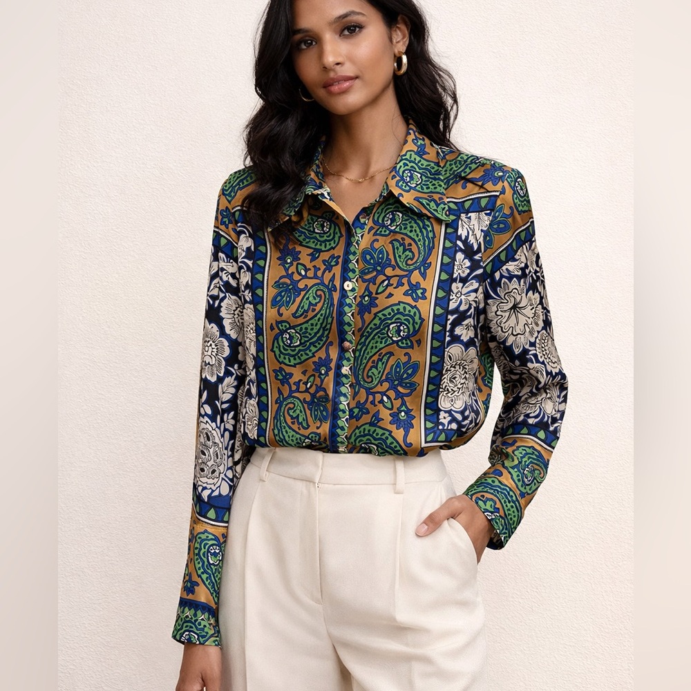 ZARA Satin Paisley Print Blouse SmallJewel Tone Button Front Luxe Top